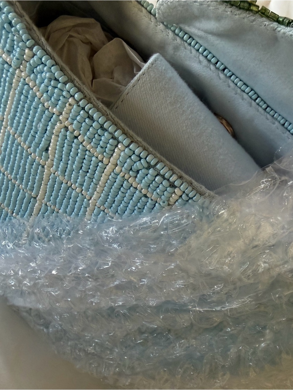 Anthropologie Beaded Blue Shoulder Bag with Lemon Accent and White patchwork - Picture 7 of 9